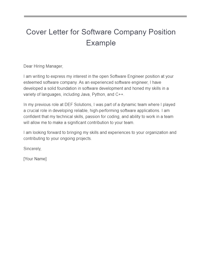 cover letter for software company position example