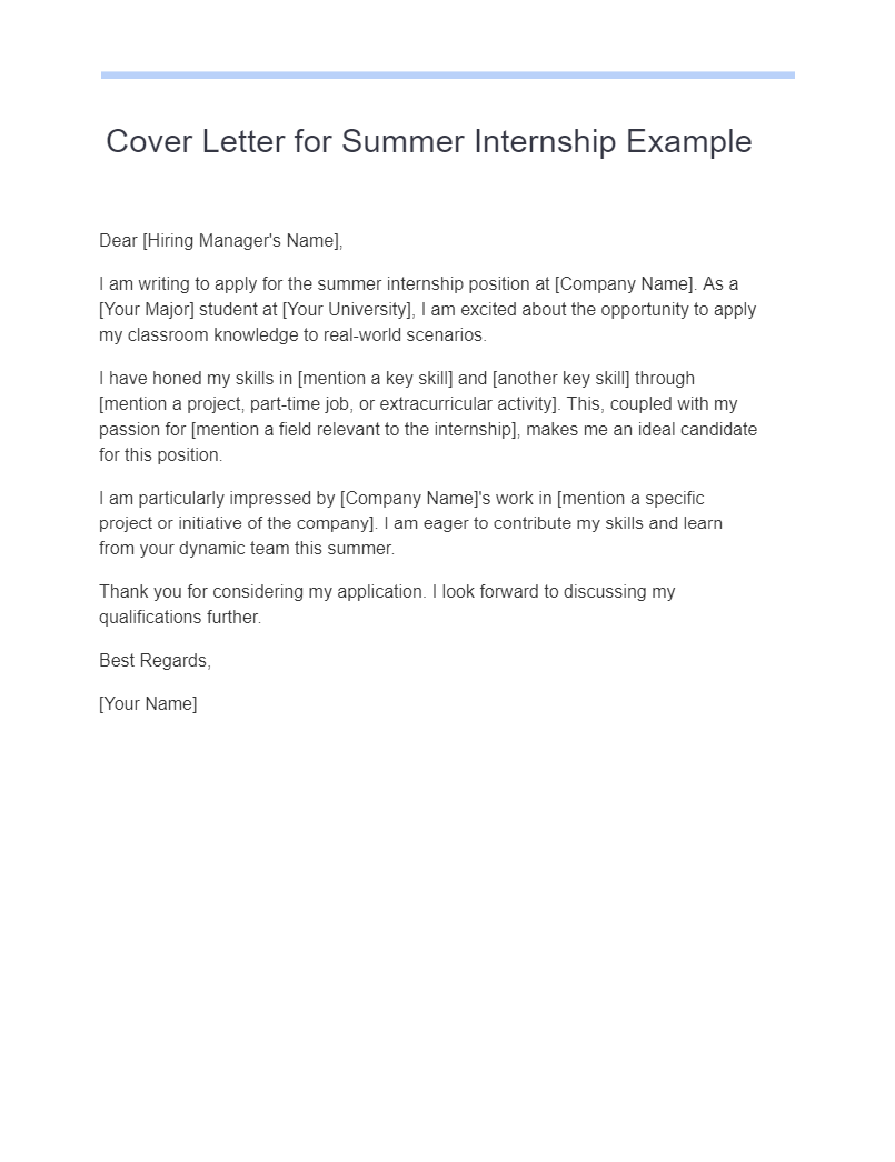 cover letter for summer internship example