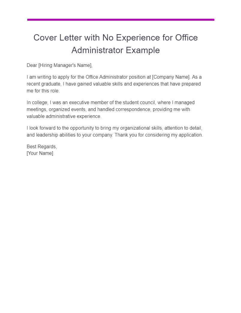 cover letter with no experience for office administrator example