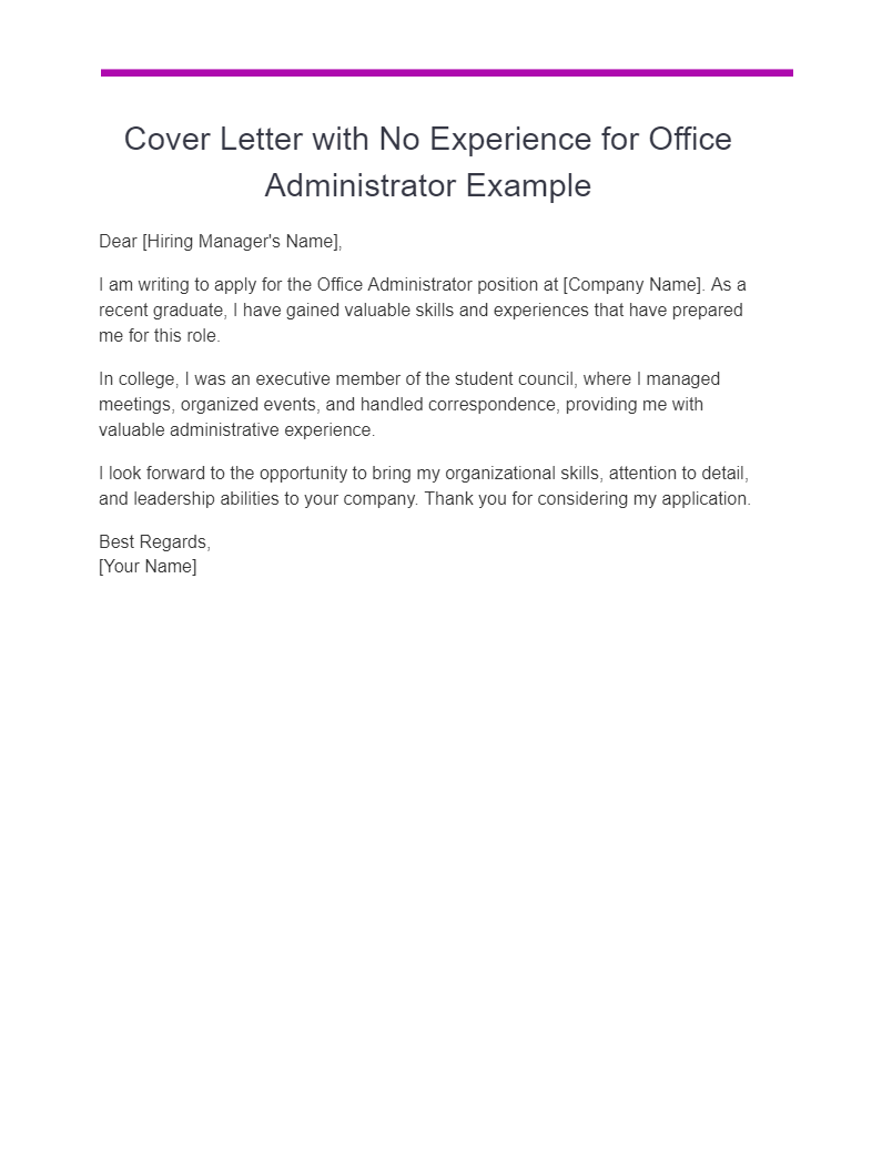 administrator cover letter no experience