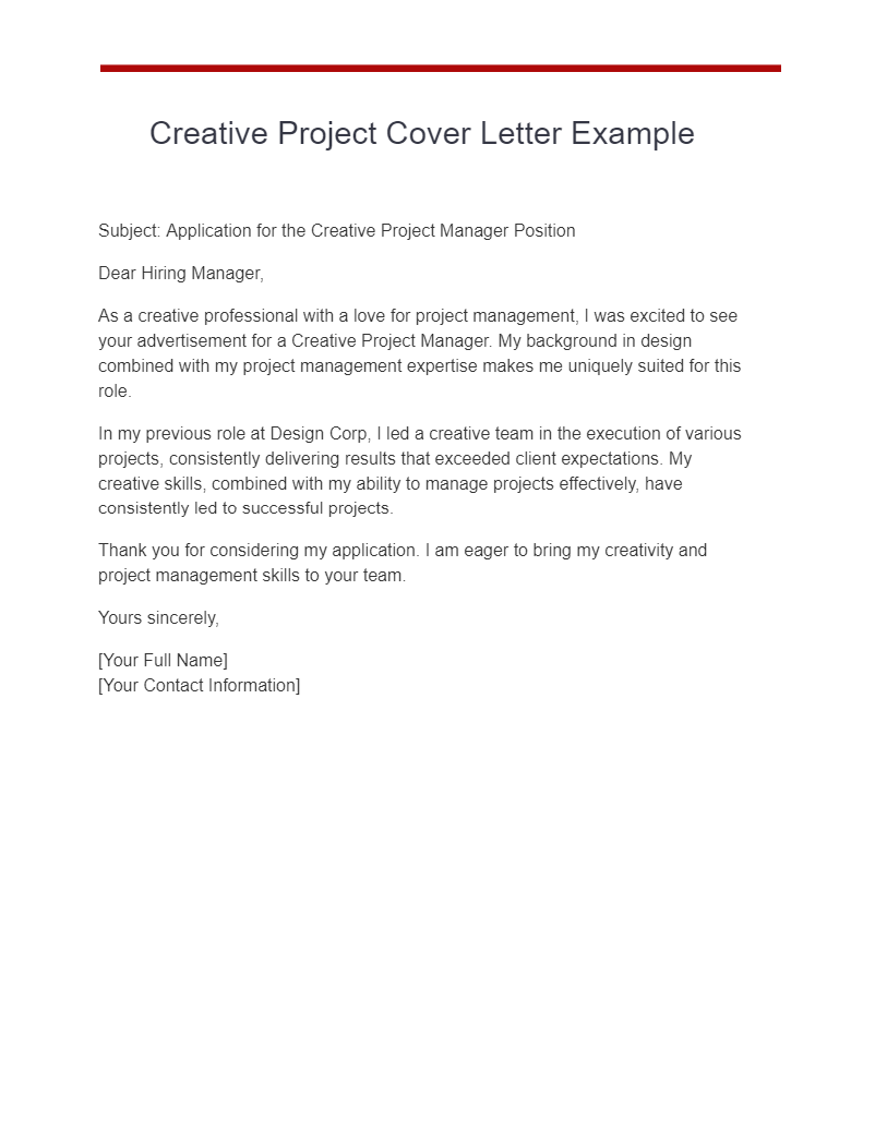 creative project cover letter example