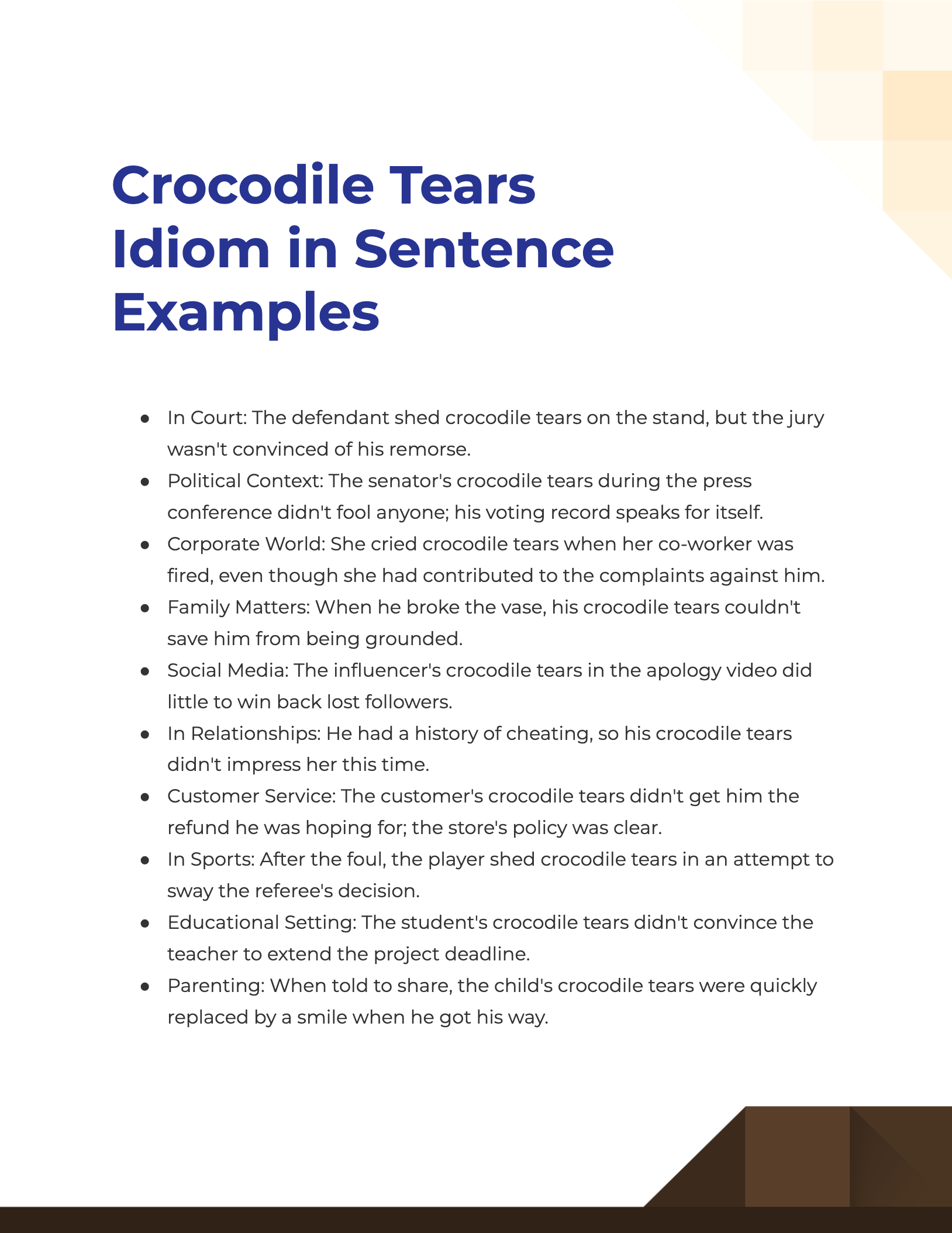 Crocodile Tears Idiom Meaning, Examples, Synonyms