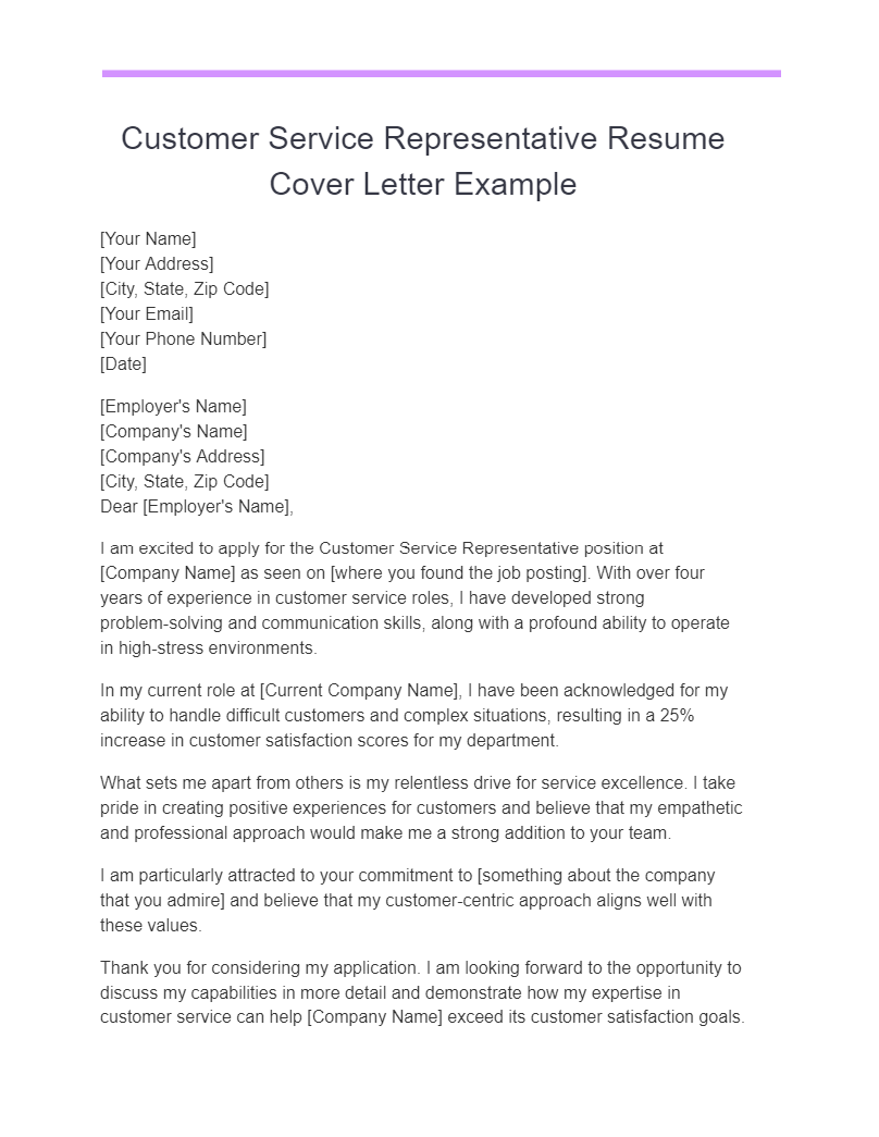 customer service representative resume cover letter example