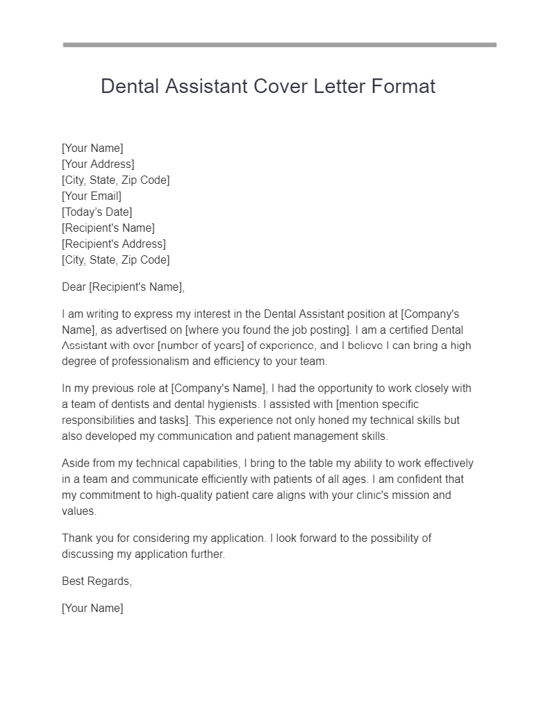 Dental Assistant Cover Letter Format