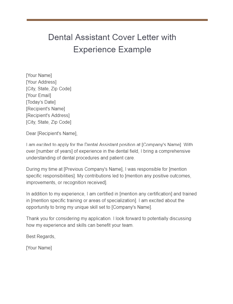 Dental Assistant Cover Letter with Experience Example