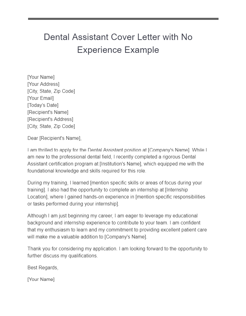 Dental Assistant Cover Letter with No Experience Example