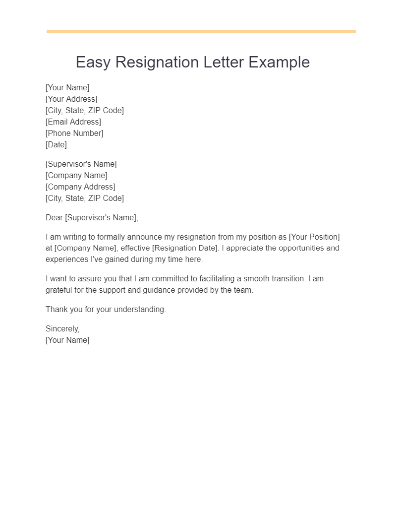 easy resignation letter example