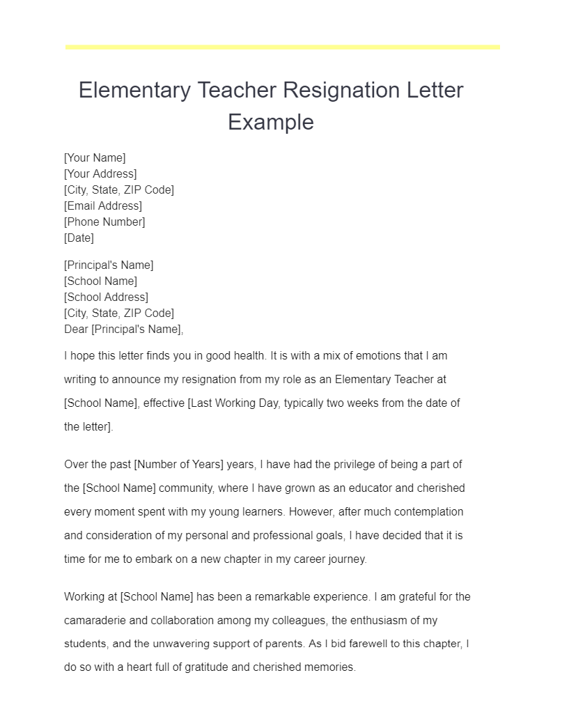 elementary teacher resignation letter examples