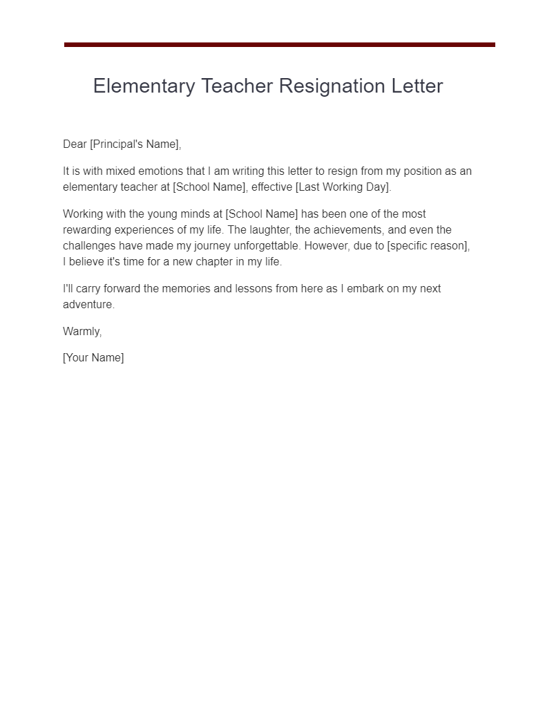 elementary teacher resignation letter