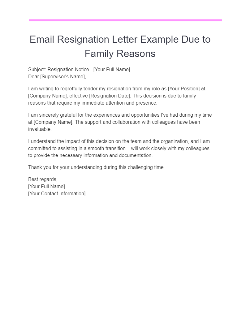email resignation letter example due to family reasons