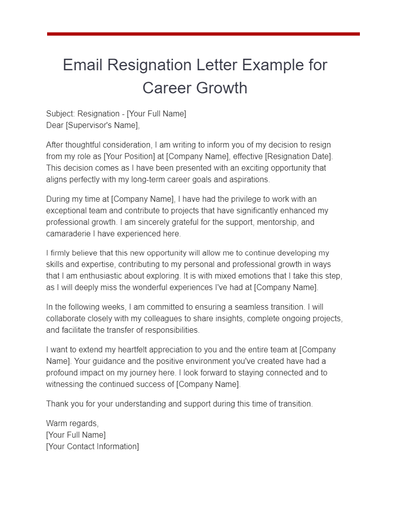 email resignation letter example for career growths