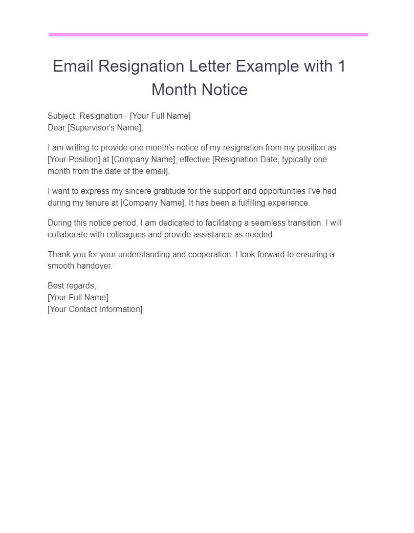 email resignation letter example with 1 month notices