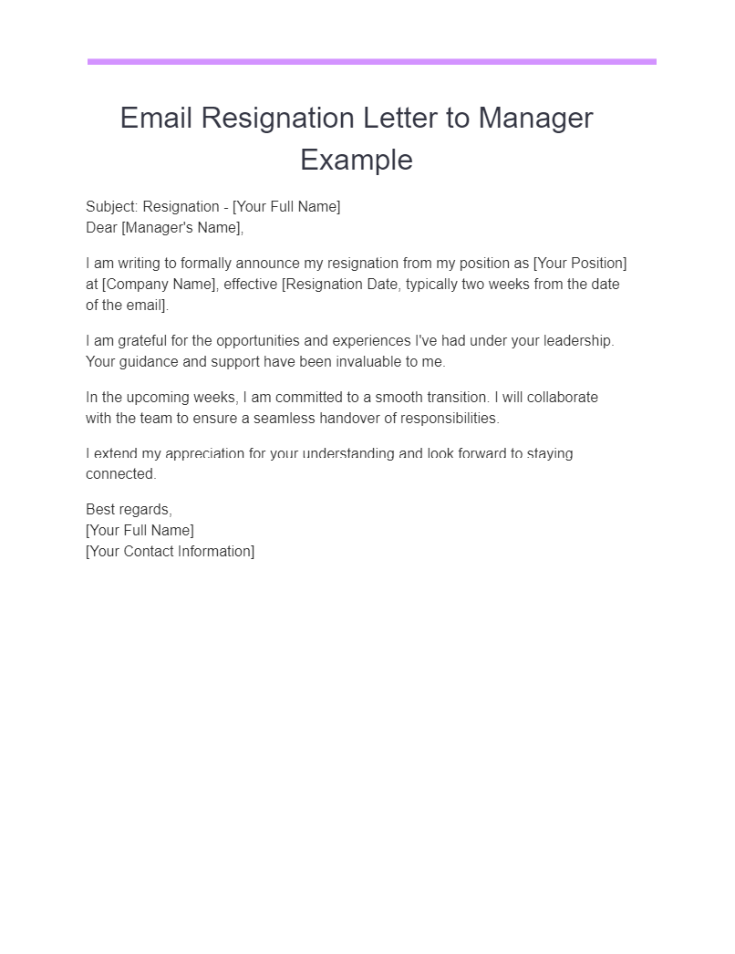 email resignation letter to manager examples