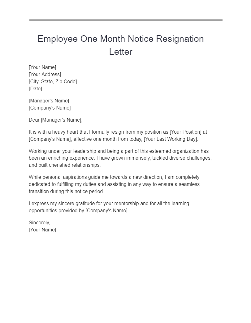 employee one month notice resignation letter