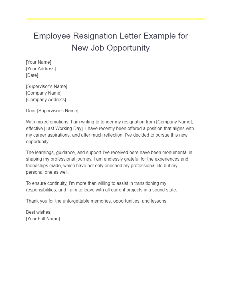 employee resignation letter example for new job opportunity