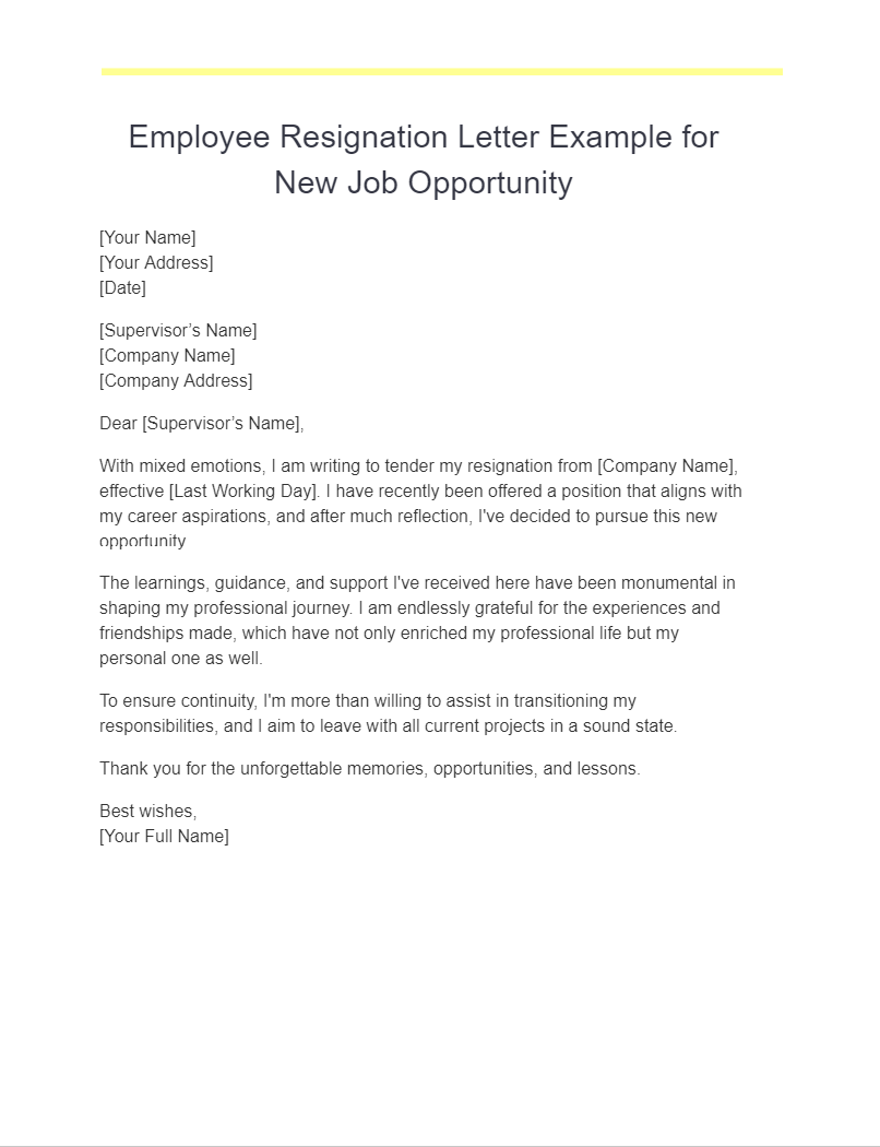 Employee Resignation Letter Example for New Job Opportunity