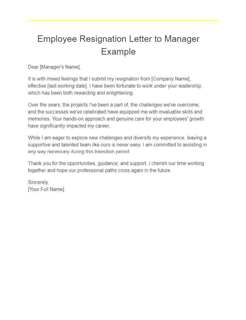 employee resignation letter to manager example