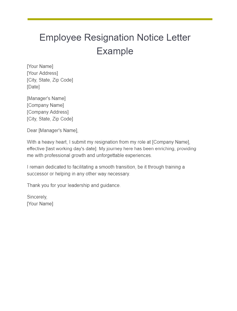 employee resignation notice letter example