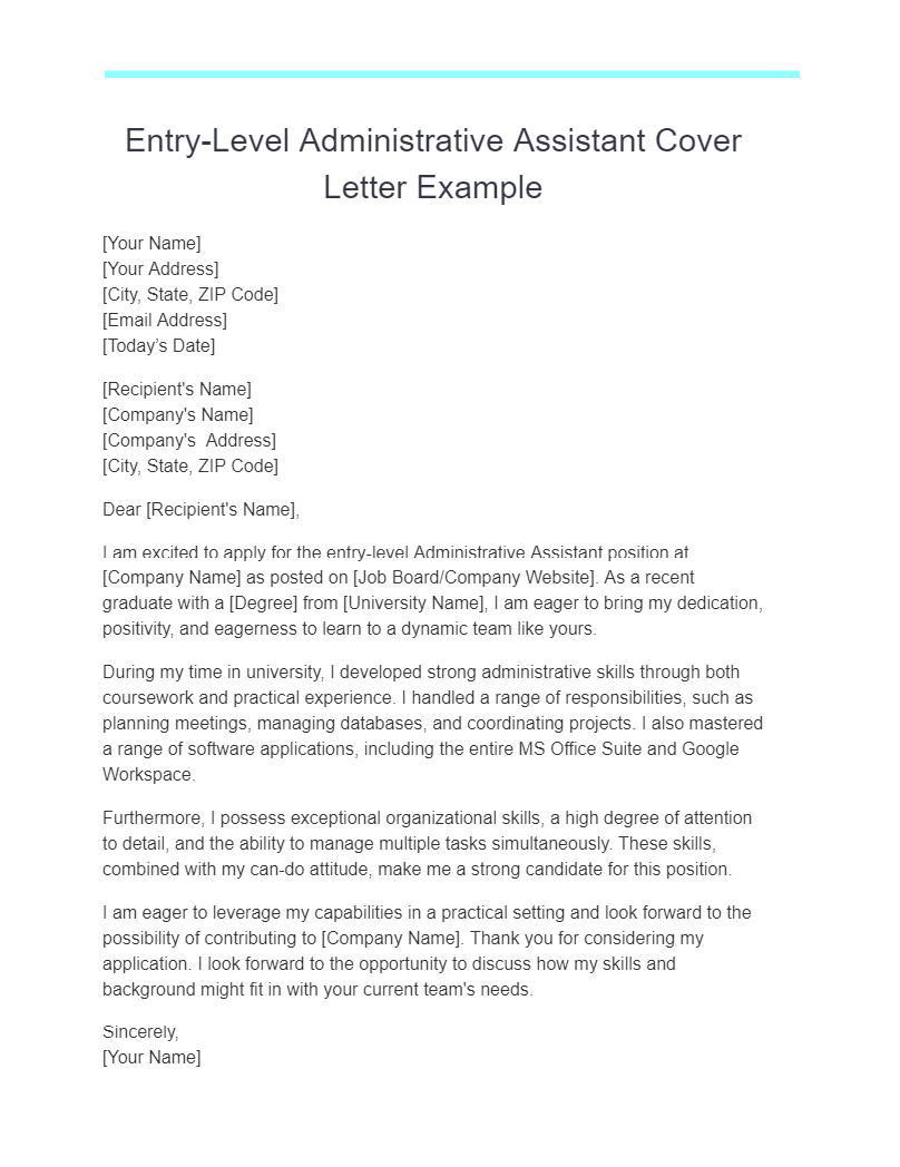 entry level administrative assistant cover letter example