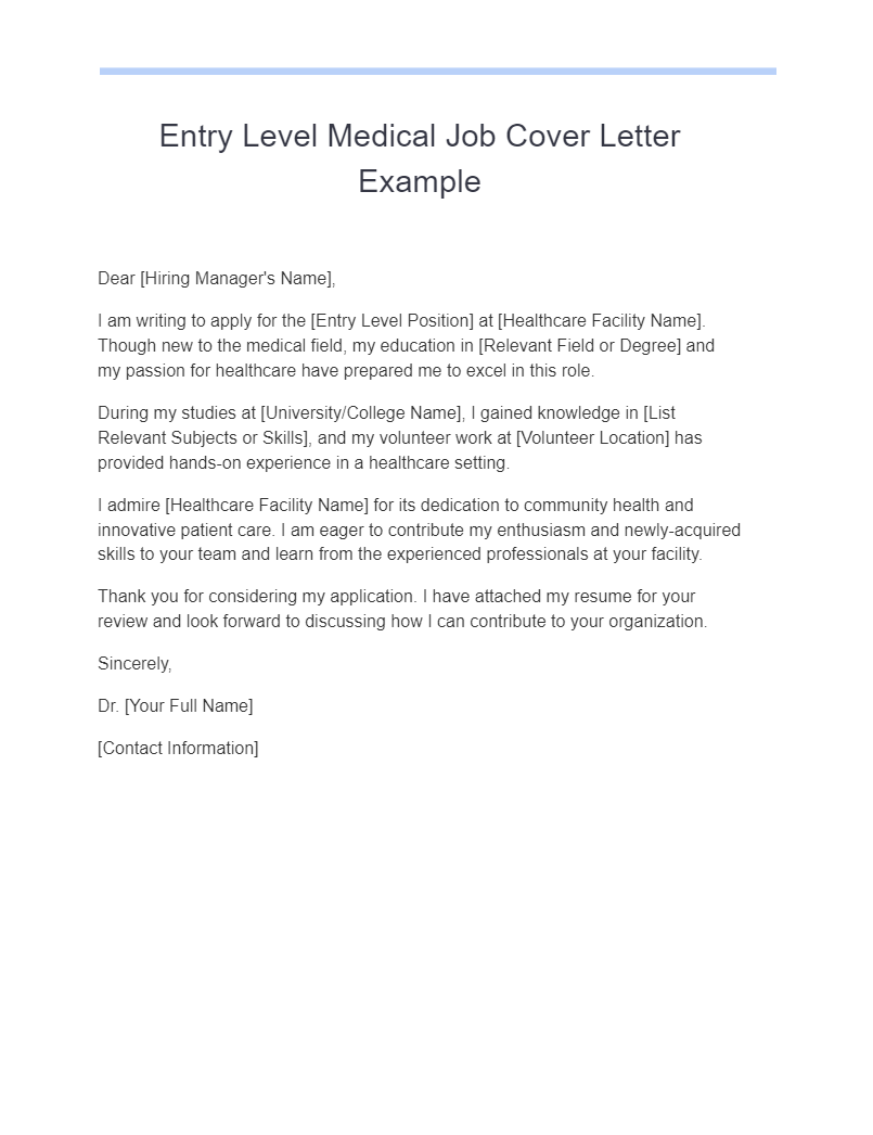 entry level medical job cover letter example