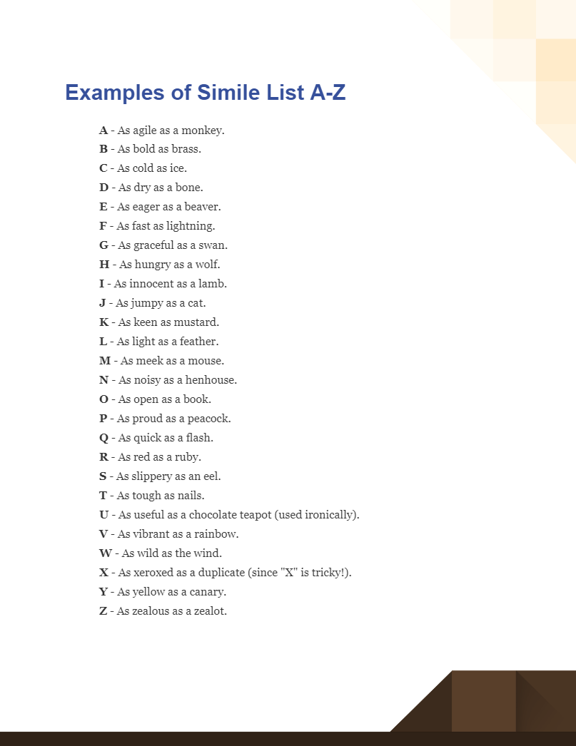 Example of Simile List A Z