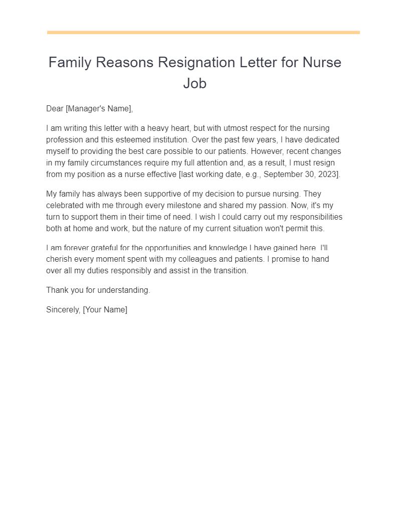 family reasons resignation letter for nurse job