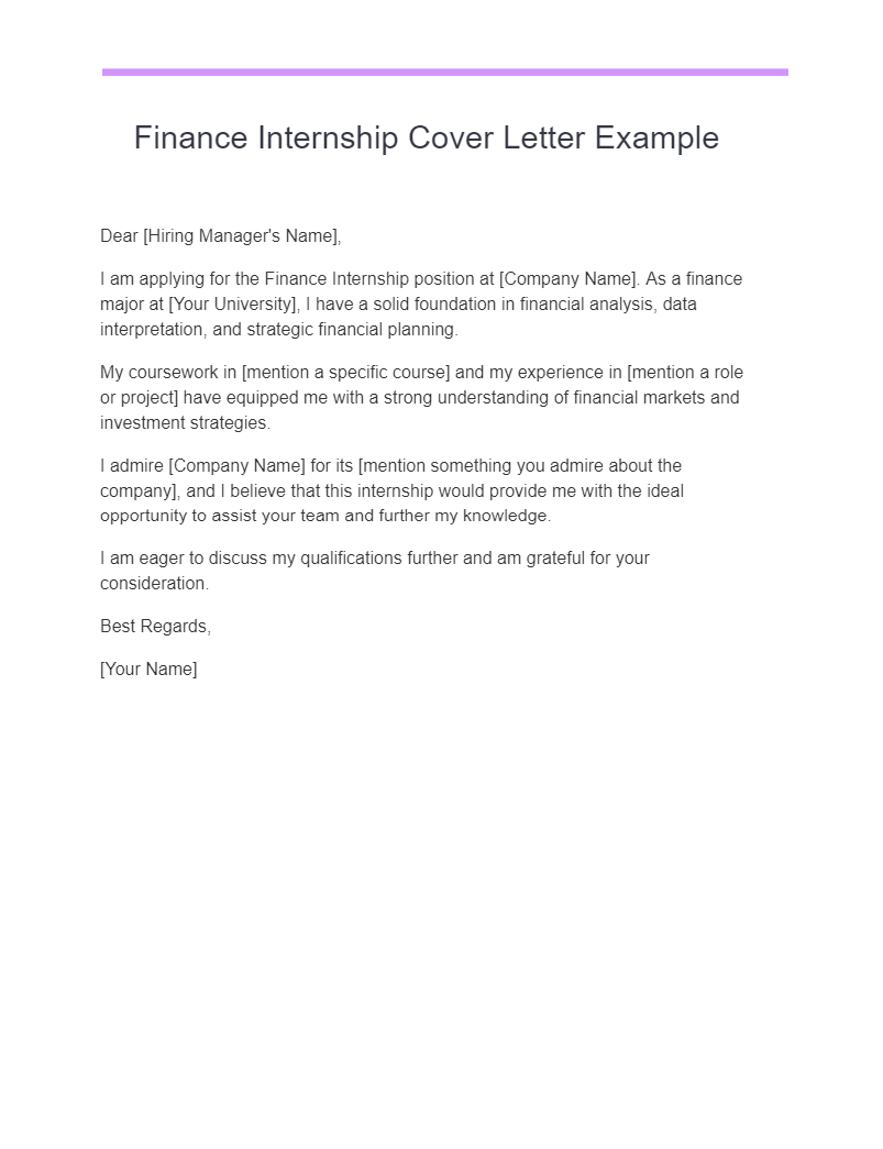 finance internship cover letter example