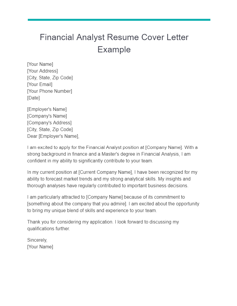 financial analyst resume cover letter example