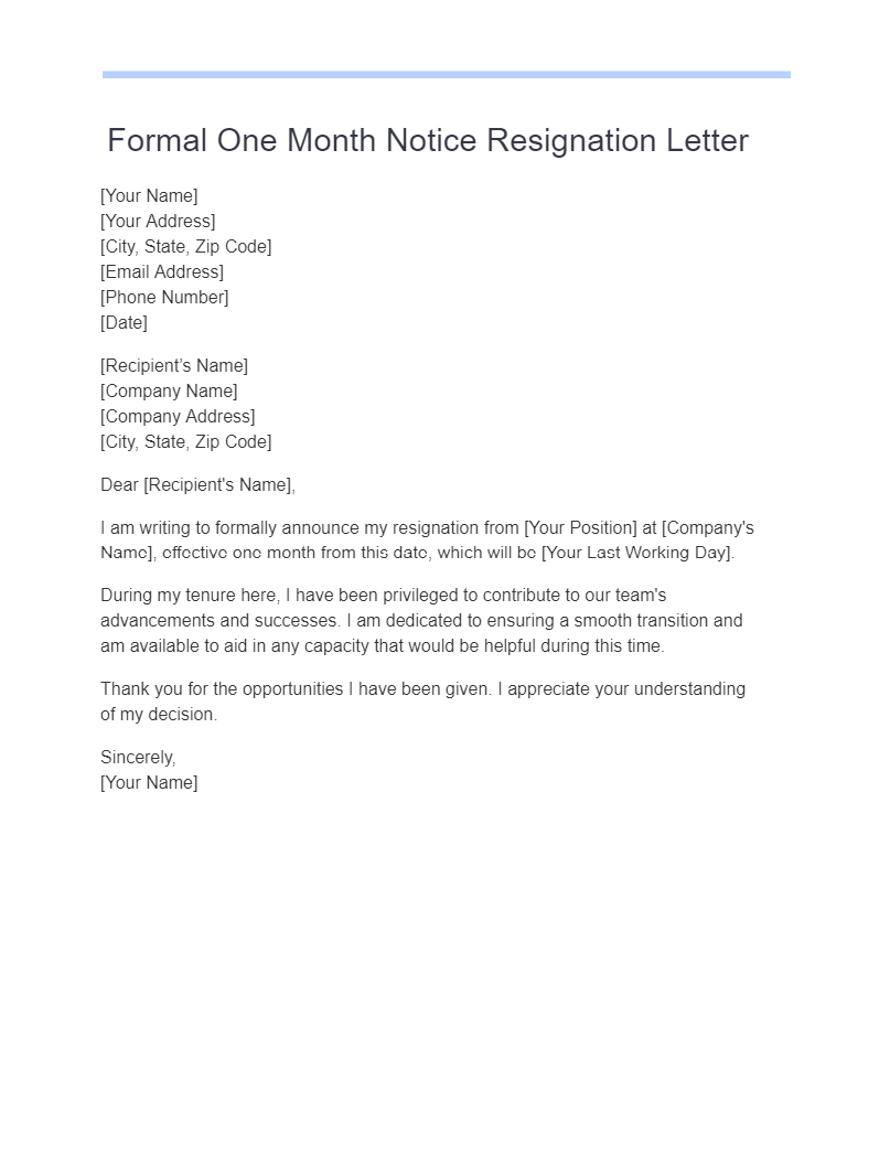 formal one month notice resignation letter