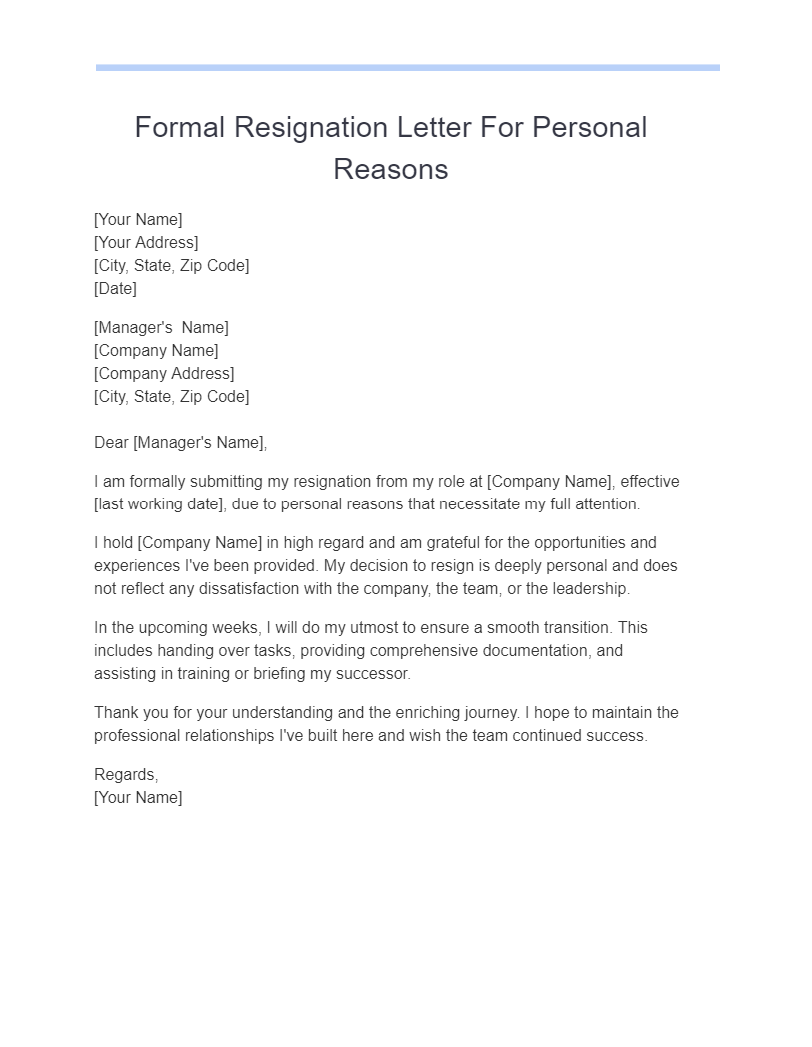 formal resignation letter for personal reasons