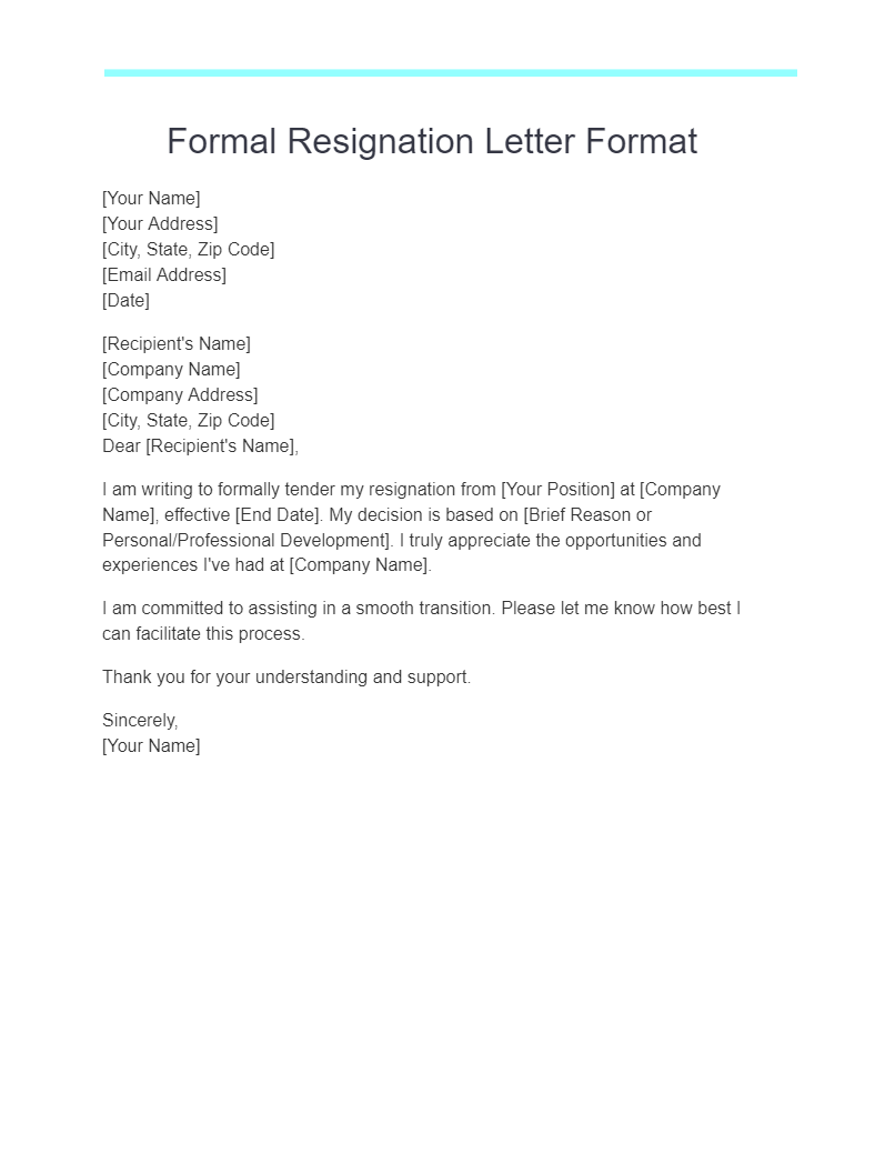 formal resignation letter format