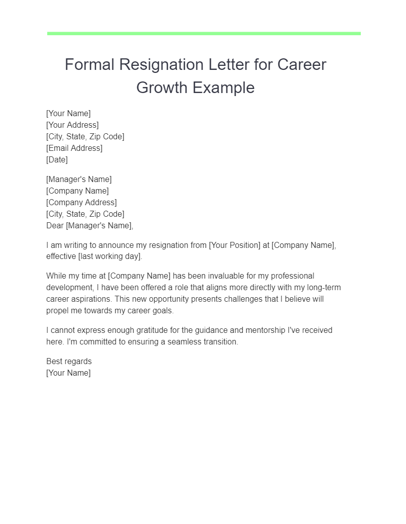 formal resignation letter for career growth example