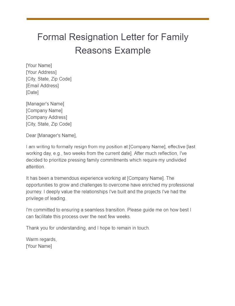 formal resignation letter for family reasons example