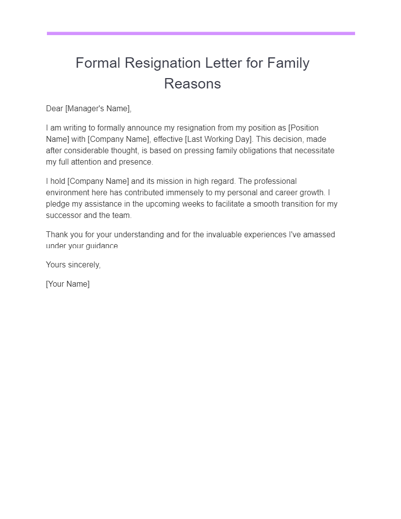 formal resignation letter for family reasons