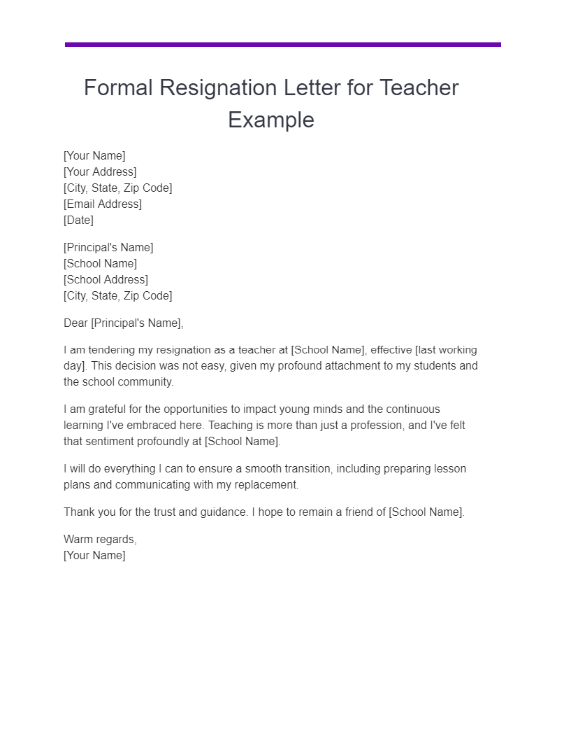 formal resignation letter for teacher example