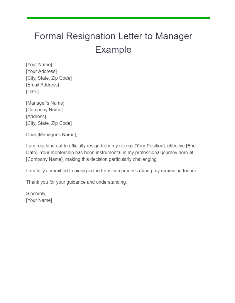 formal resignation letter to manager example
