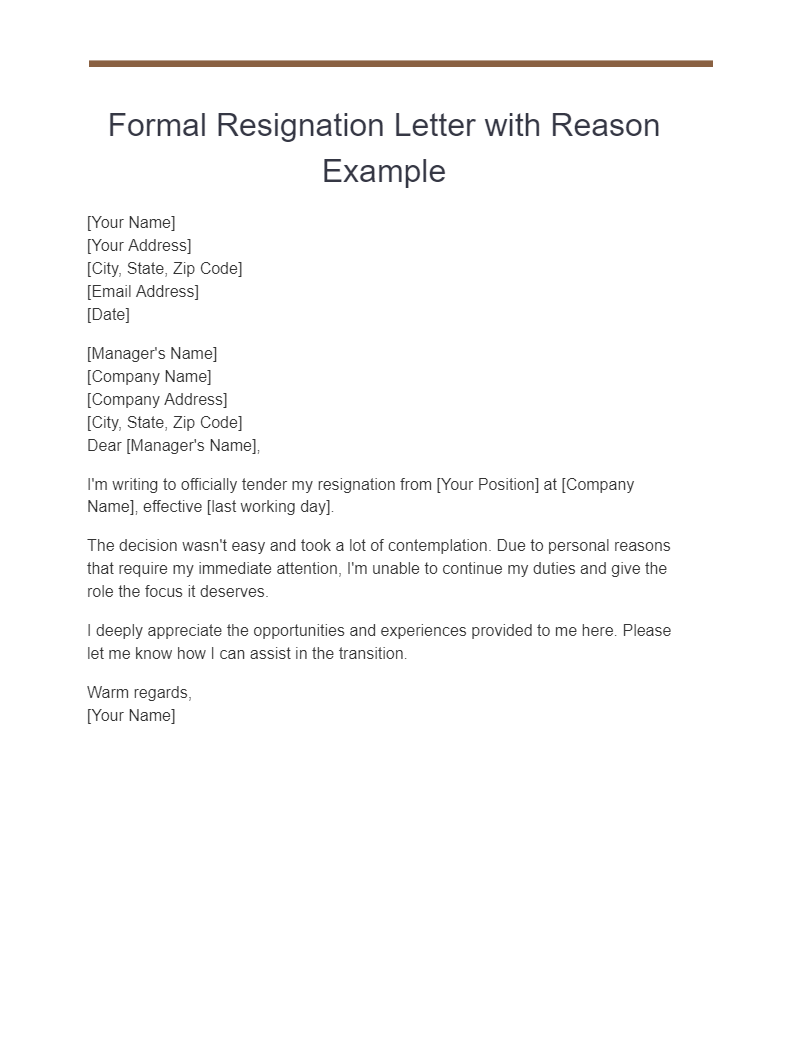 formal resignation letter with reason example