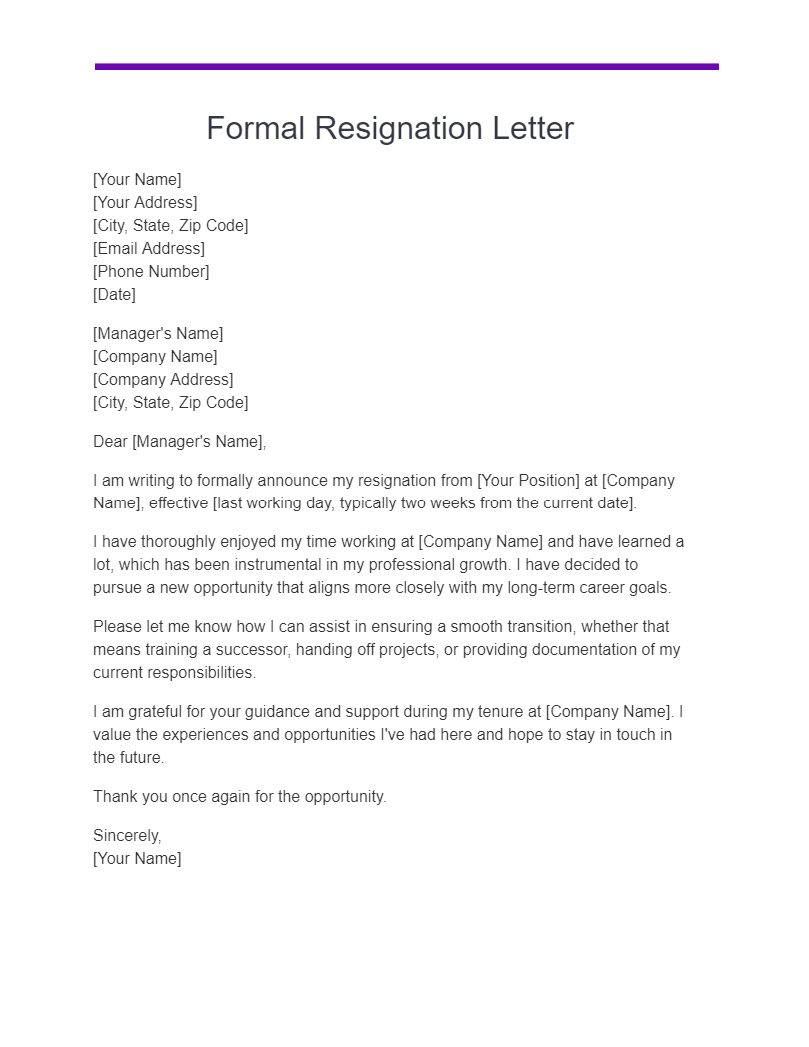 formal resignation letter