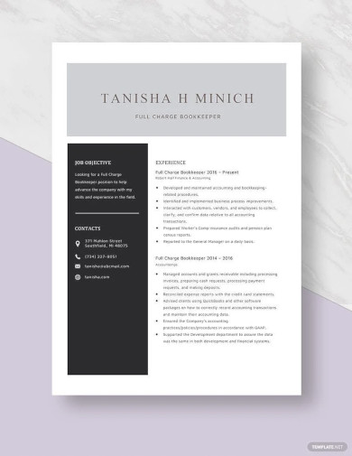 Free Full Charge Bookkeeper Resume Template