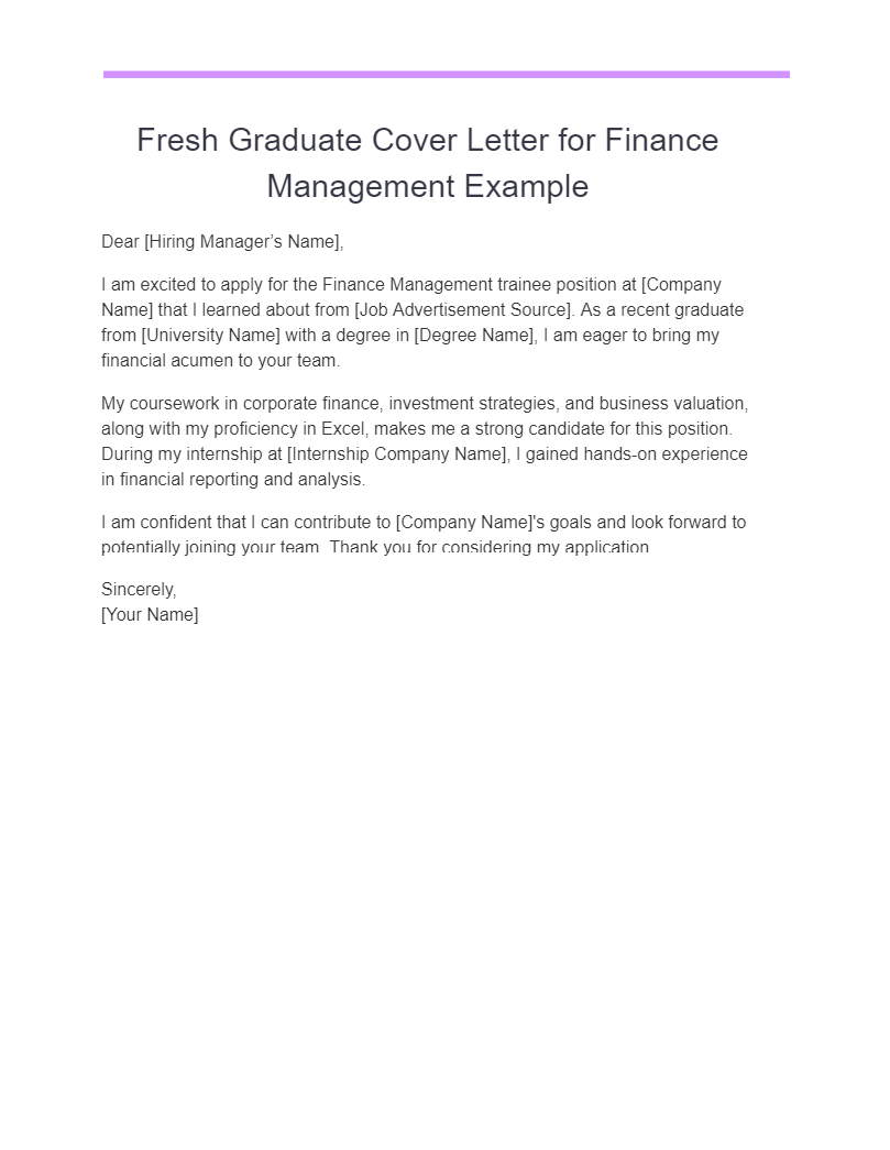 fresh graduate cover letter for finance management example