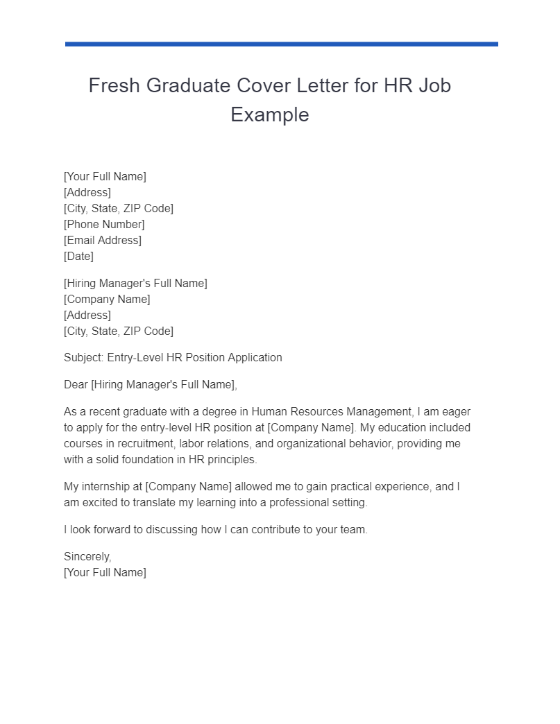 Fresh Graduate Cover Letter for HR Job Example