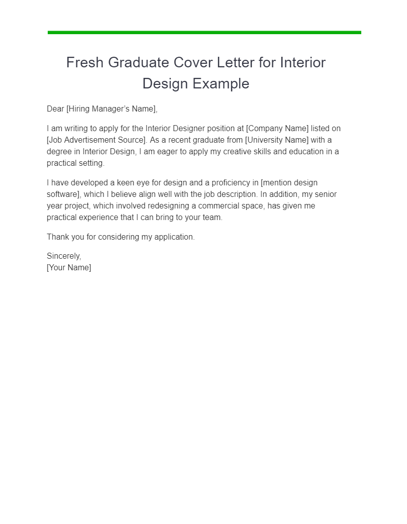 fresh graduate cover letter for interior design example
