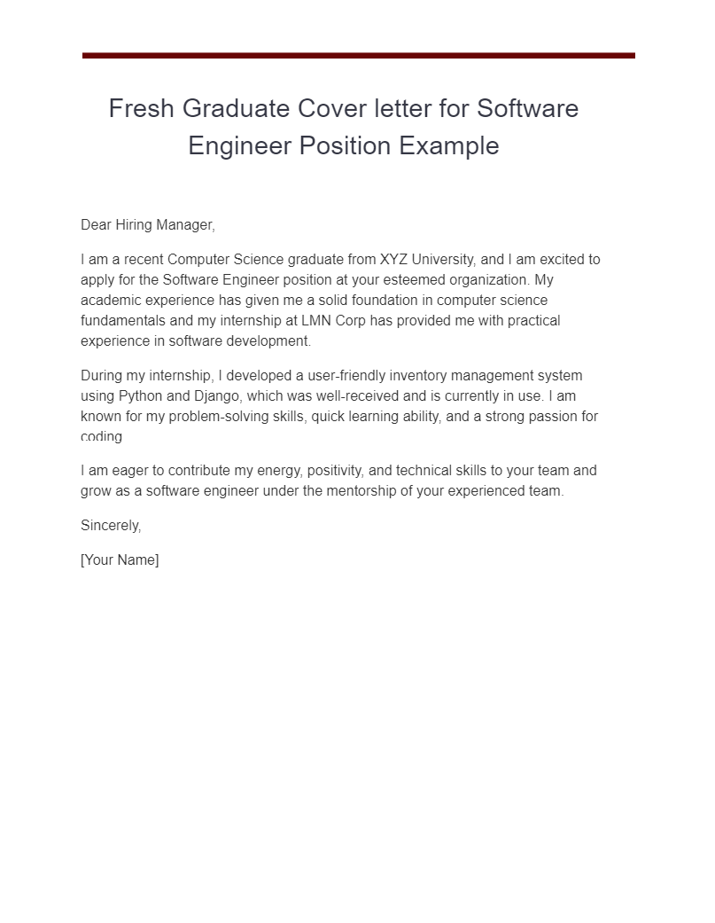 fresh graduate cover letter for software engineer position example