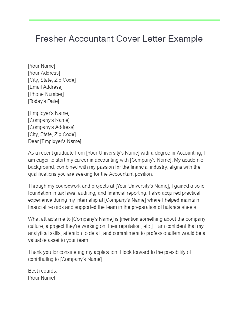 fresher accountant cover letter example