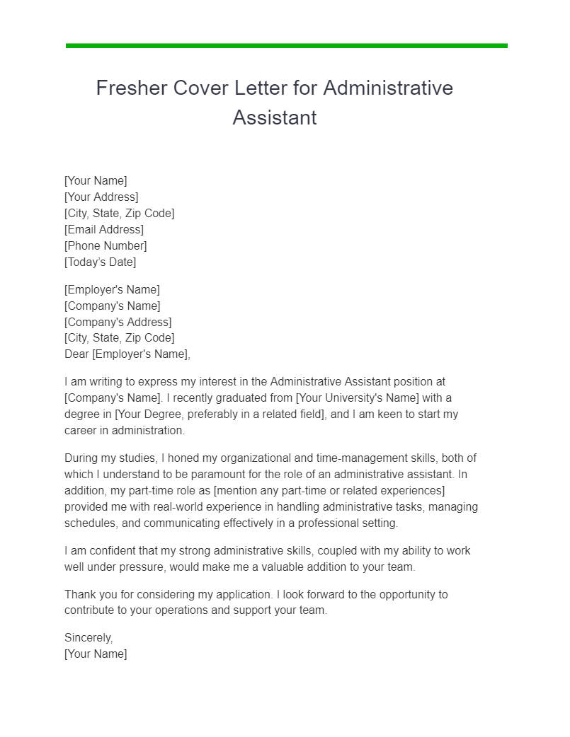 fresher cover letter for administrative assistant