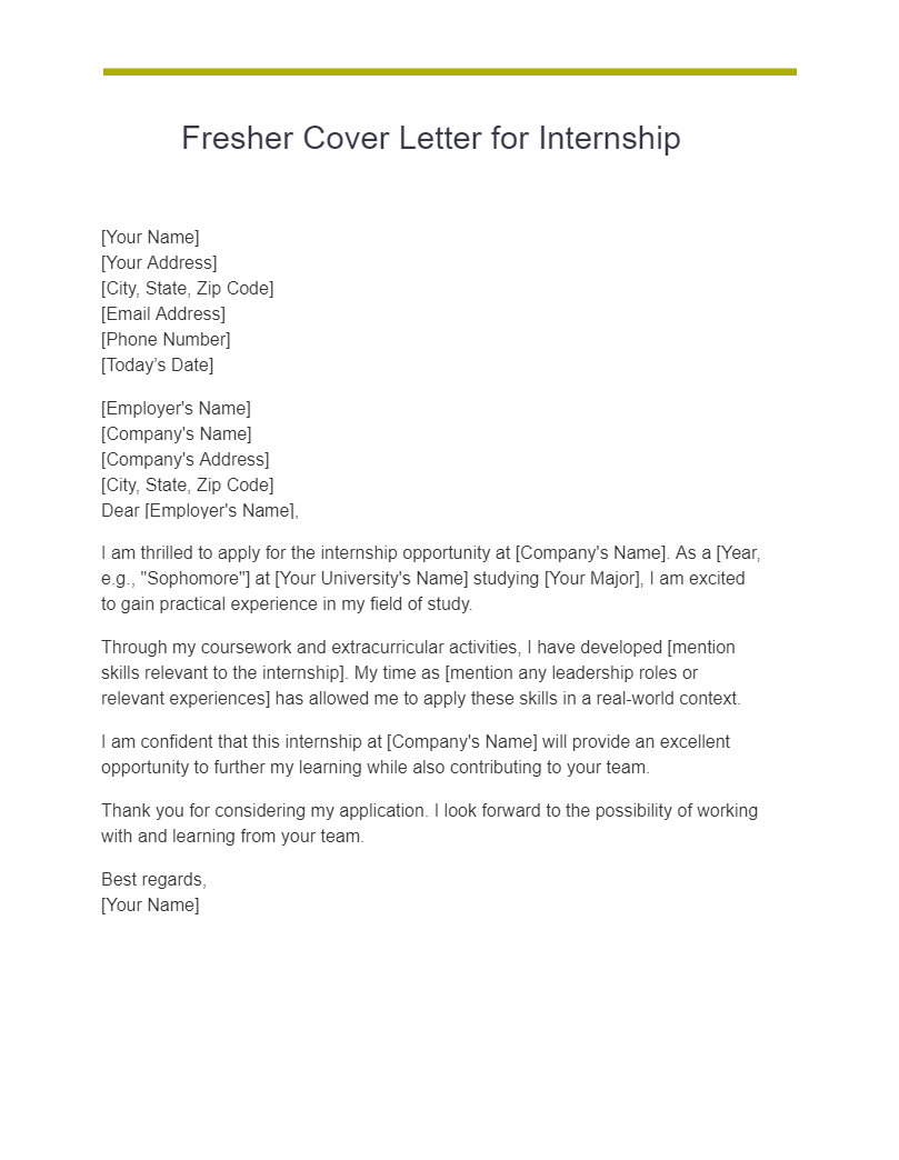 fresher cover letter for internship