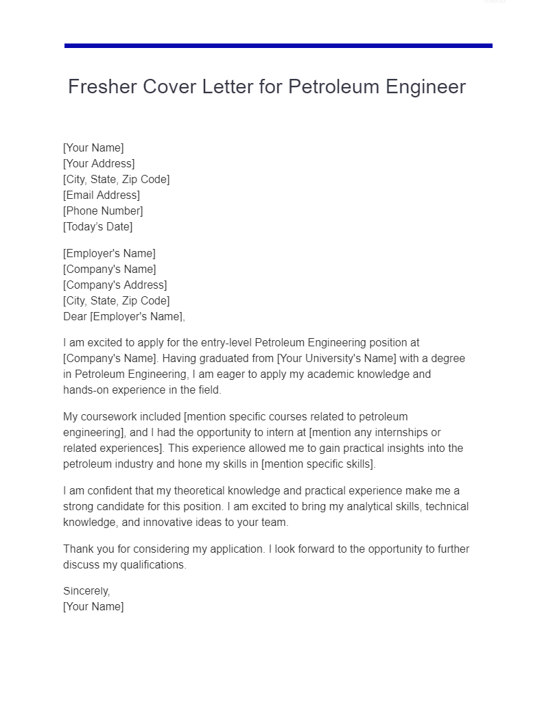 fresher cover letter for petroleum engineer