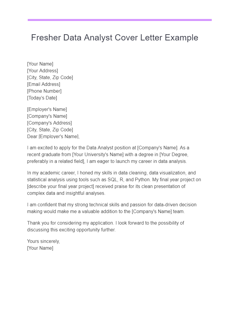 fresher data analyst cover letter example