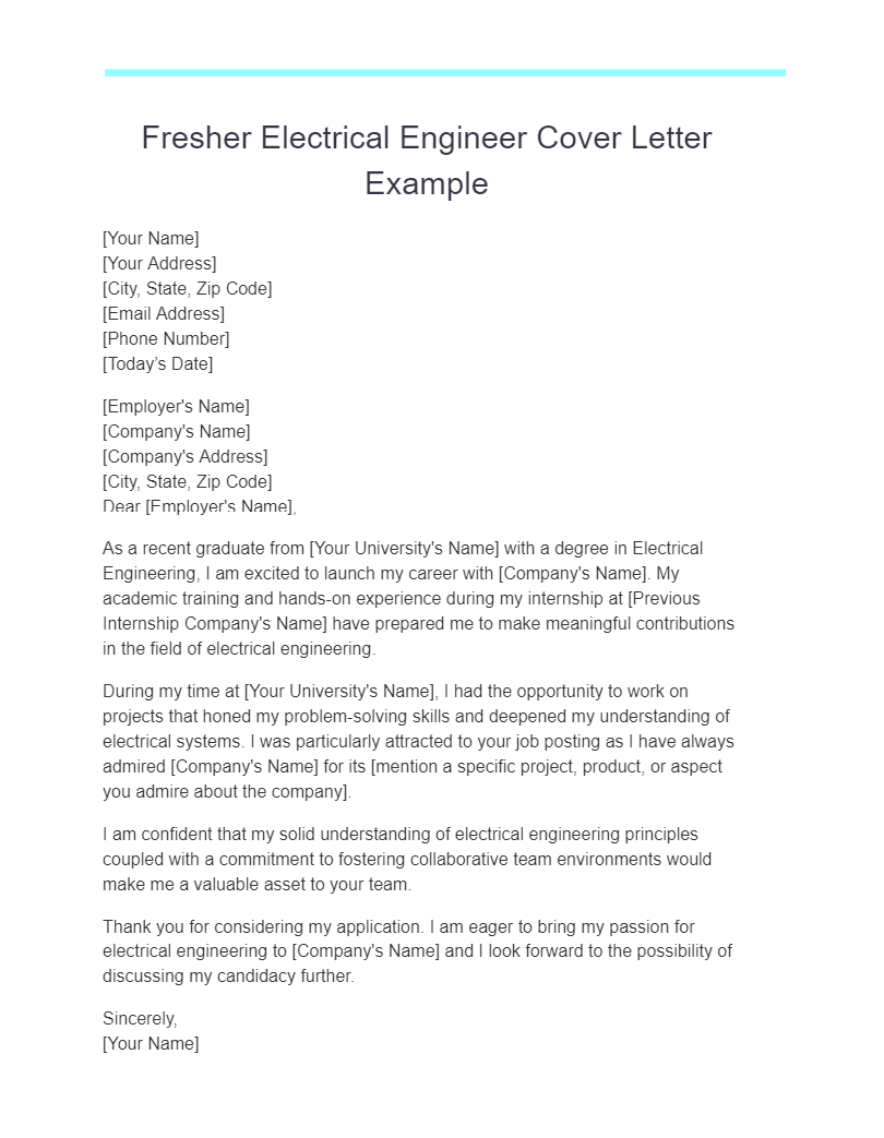 fresher electrical engineer cover letter example