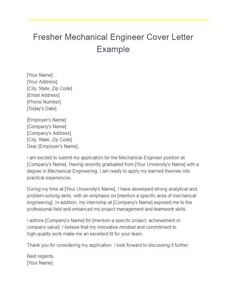 fresher mechanical engineer cover letter example